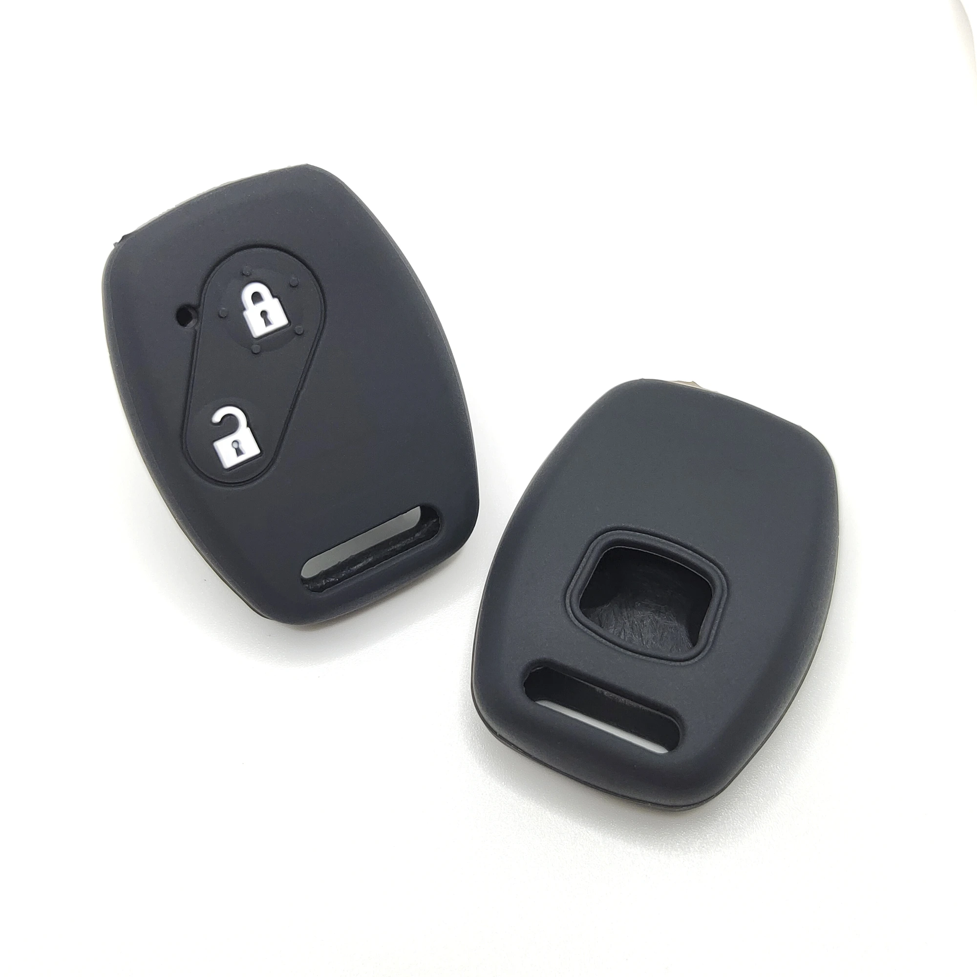 2 Tasten klassische Silikon-Schlüsselhülle (BT204) — BT204 black classic silicone automotive key cover in front and back angled view, showing 2 visible button zones and a compact rounded remote profile.