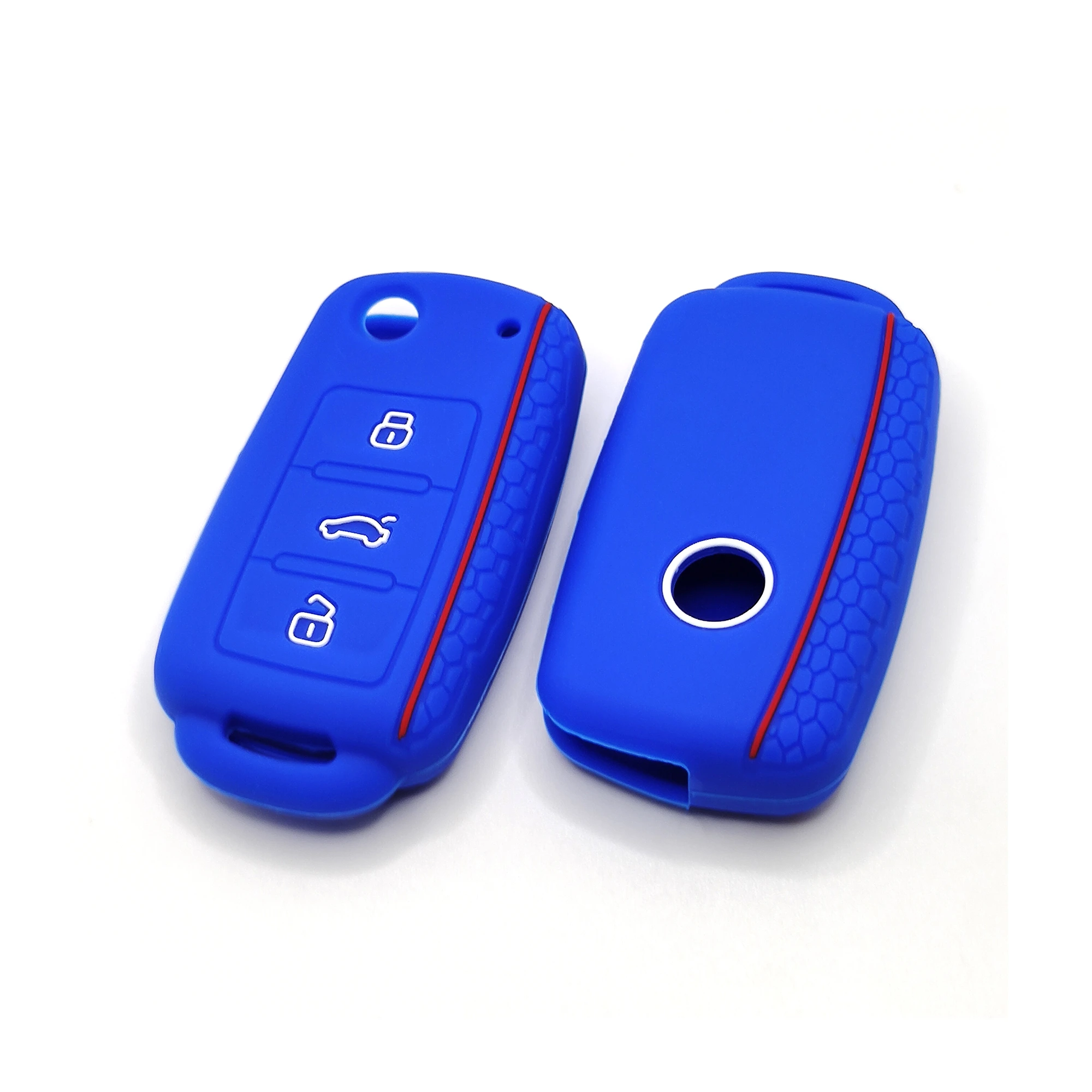 3 أزرار غطاء مفتاح سيليكون كلاسيكي (DZ101) — DZ101 blue classic silicone automotive key cover in front and back angled view, showing 3 visible button zones and a elongated rounded rectangular smart-key profile.