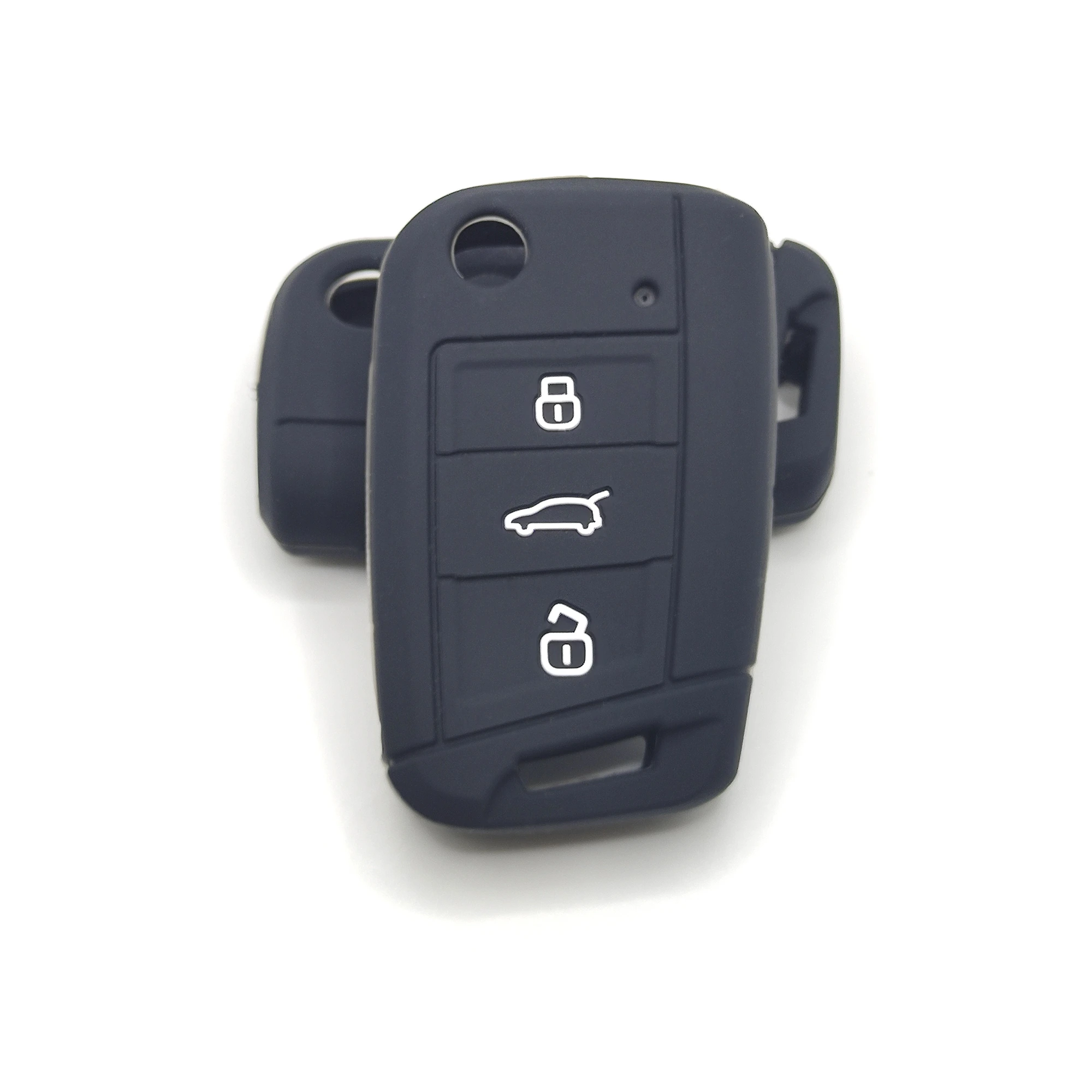 3 أزرار غطاء مفتاح سيليكون كلاسيكي (DZ203) — DZ203 black classic silicone automotive key cover in front and partial back relationship view, showing 3 visible button zones and a rounded rectangular smart-key profile with side tabs.
