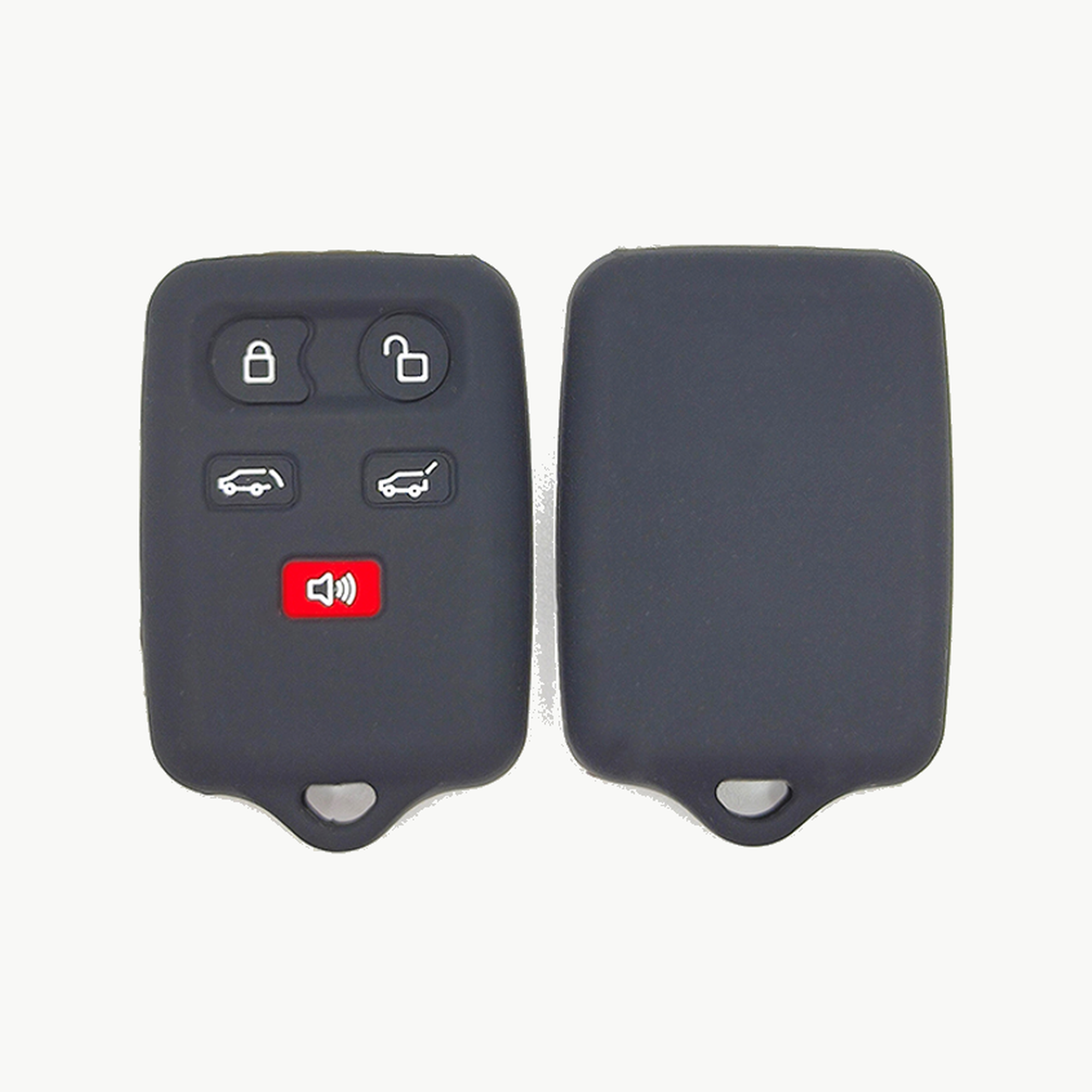 Ford 5 Tasten klassische Silikon-Schlüsselhülle (FD404) — FD404 black Classic Silicone automotive key cover, front and back source view, showing 5 visible button zones and the complete rectangular remote cover with lower key-ring tab.