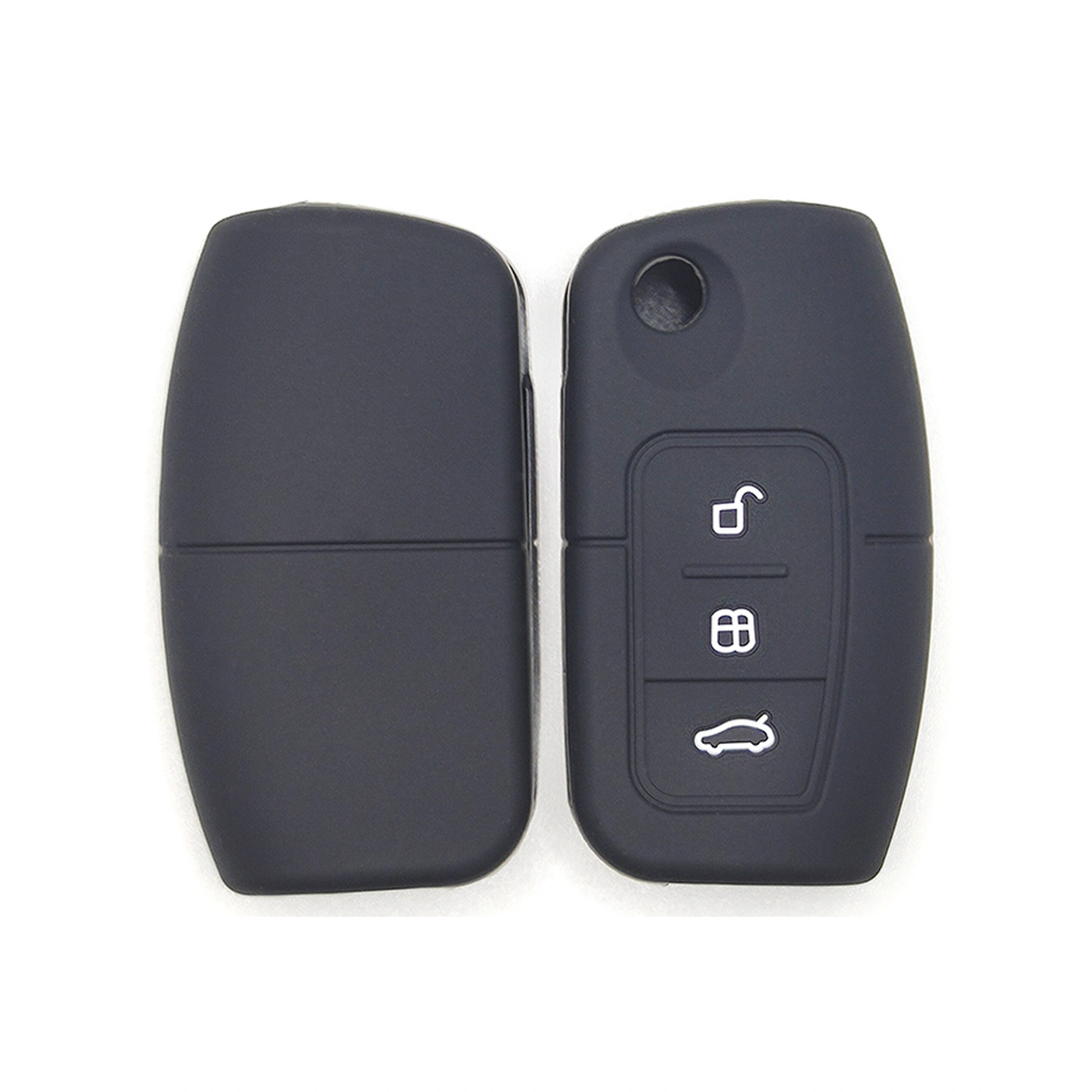 Ford 3 أزرار غطاء مفتاح سيليكون كلاسيكي (FD501) — FD501 black Classic Silicone automotive key cover, front and back source view, showing 3 visible button zones and the complete split-head rectangular flip-key cover.