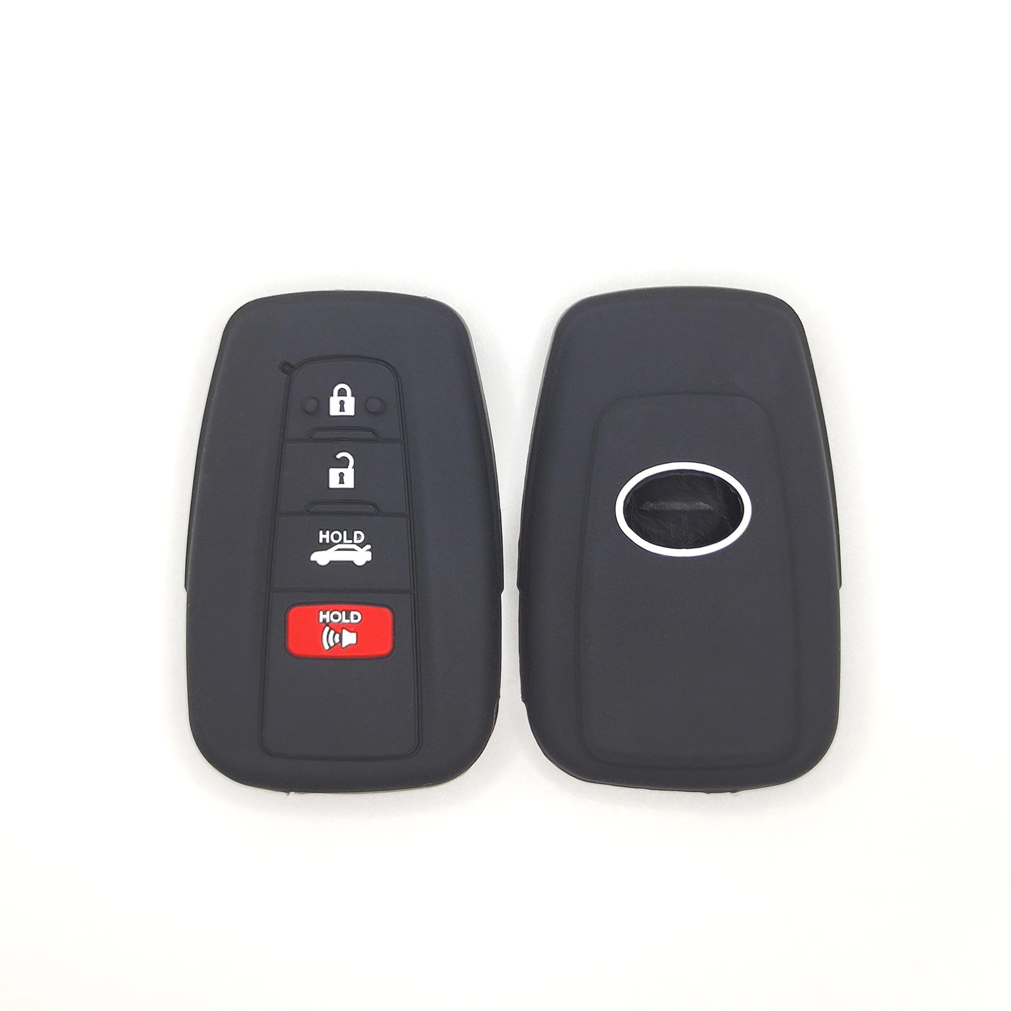4 أزرار غطاء مفتاح سيليكون كلاسيكي (FT203) — FT203 black classic silicone automotive key cover in front and back paired view, showing 4 visible button zones and a rounded rectangular smart-key profile.