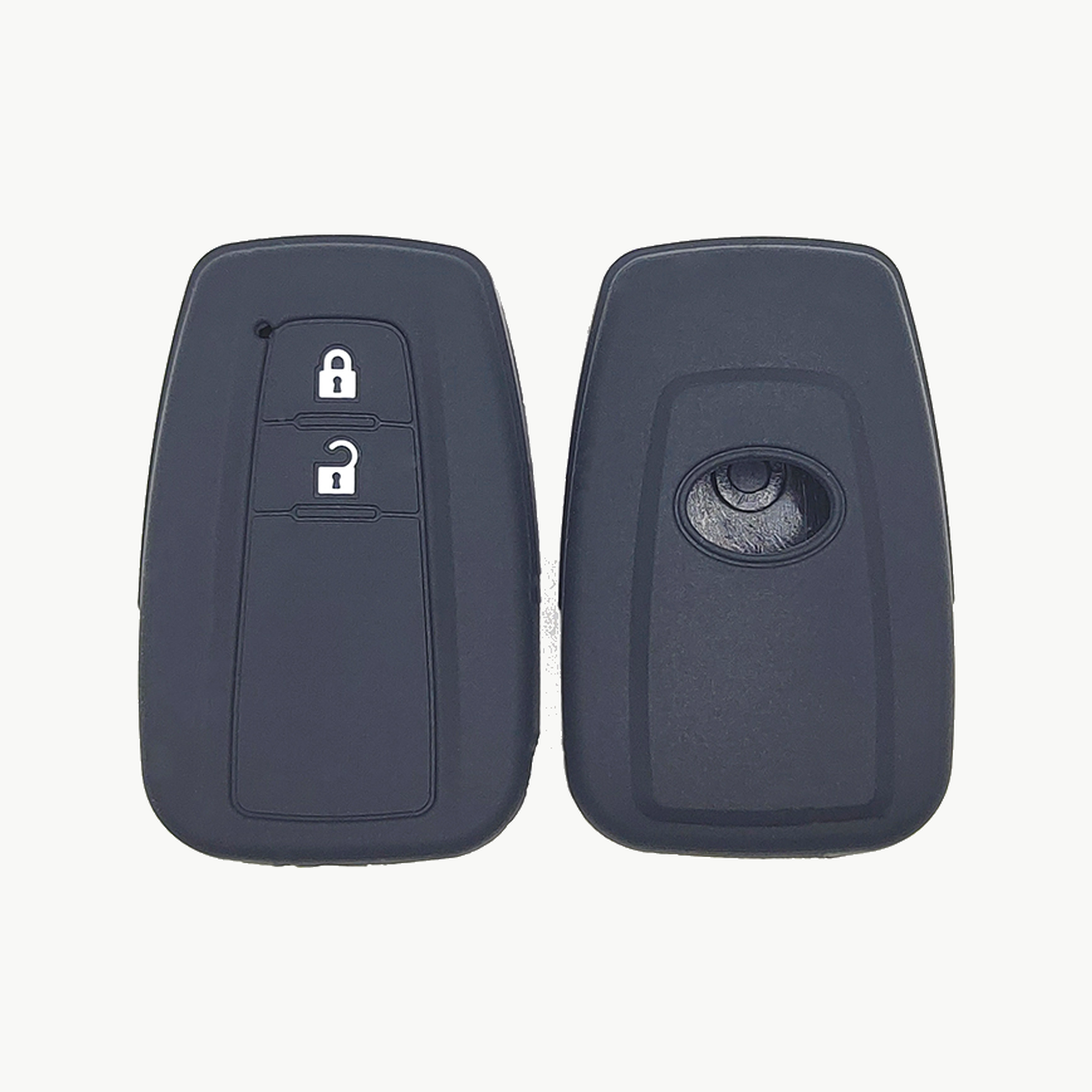 Toyota 2 أزرار غطاء مفتاح سيليكون كلاسيكي (FT205) — FT205 black Classic Silicone automotive key cover, front and back source view, showing 2 visible button zones and the complete rounded rectangular smart-key cover with rear circular opening.