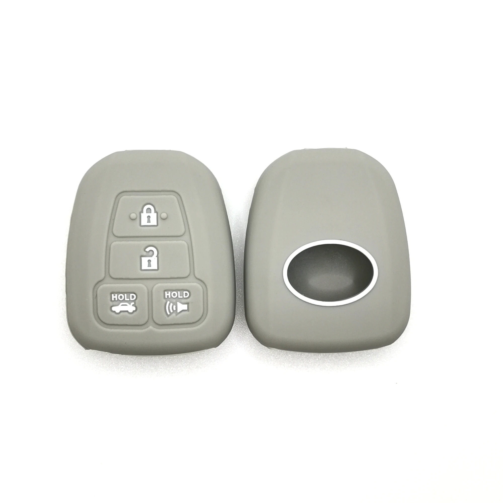 4 أزرار غطاء مفتاح سيليكون كلاسيكي (FT403) — FT403 gray classic silicone automotive key cover in front and back paired view, showing 4 visible button zones and a rounded rectangular smart-key cover with large rear opening.