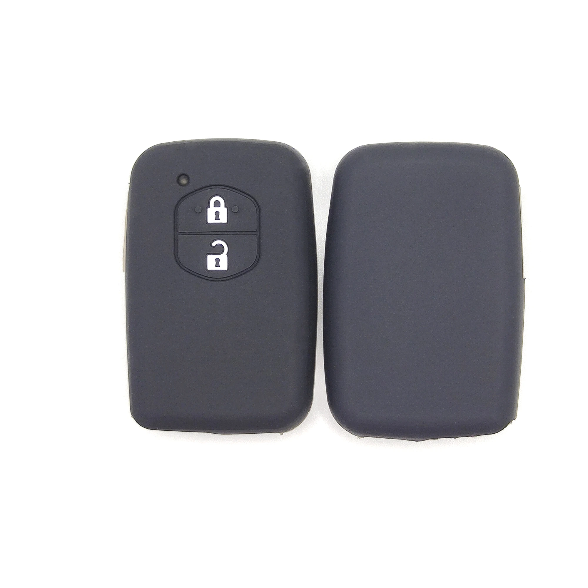 2 أزرار غطاء مفتاح سيليكون كلاسيكي (FT702) — FT702 black classic silicone automotive key cover in front and back paired view, showing 2 visible button zones and a rounded rectangular smart-key cover.