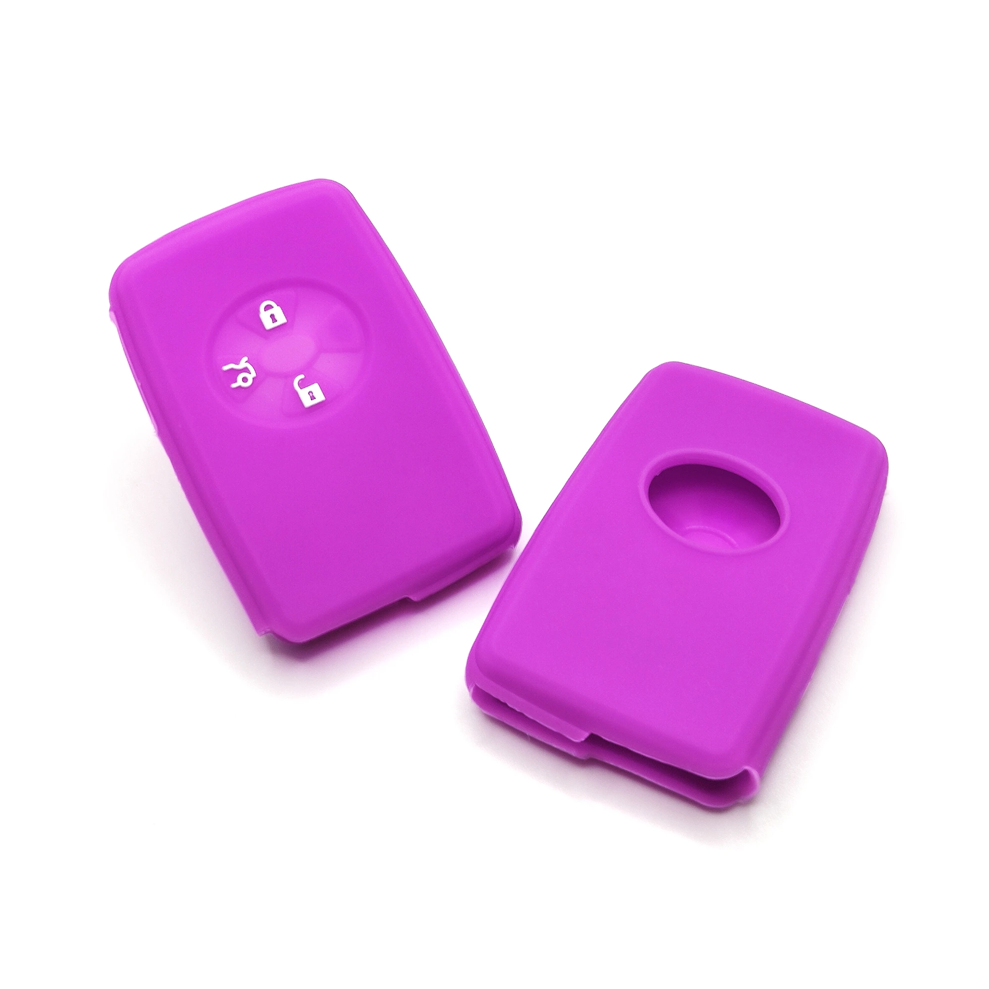 2 أزرار غطاء مفتاح سيليكون كلاسيكي (FT801) — FT801 purple classic silicone automotive key cover in front and back paired view, showing 2 visible button zones and a compact angular smart-key profile.