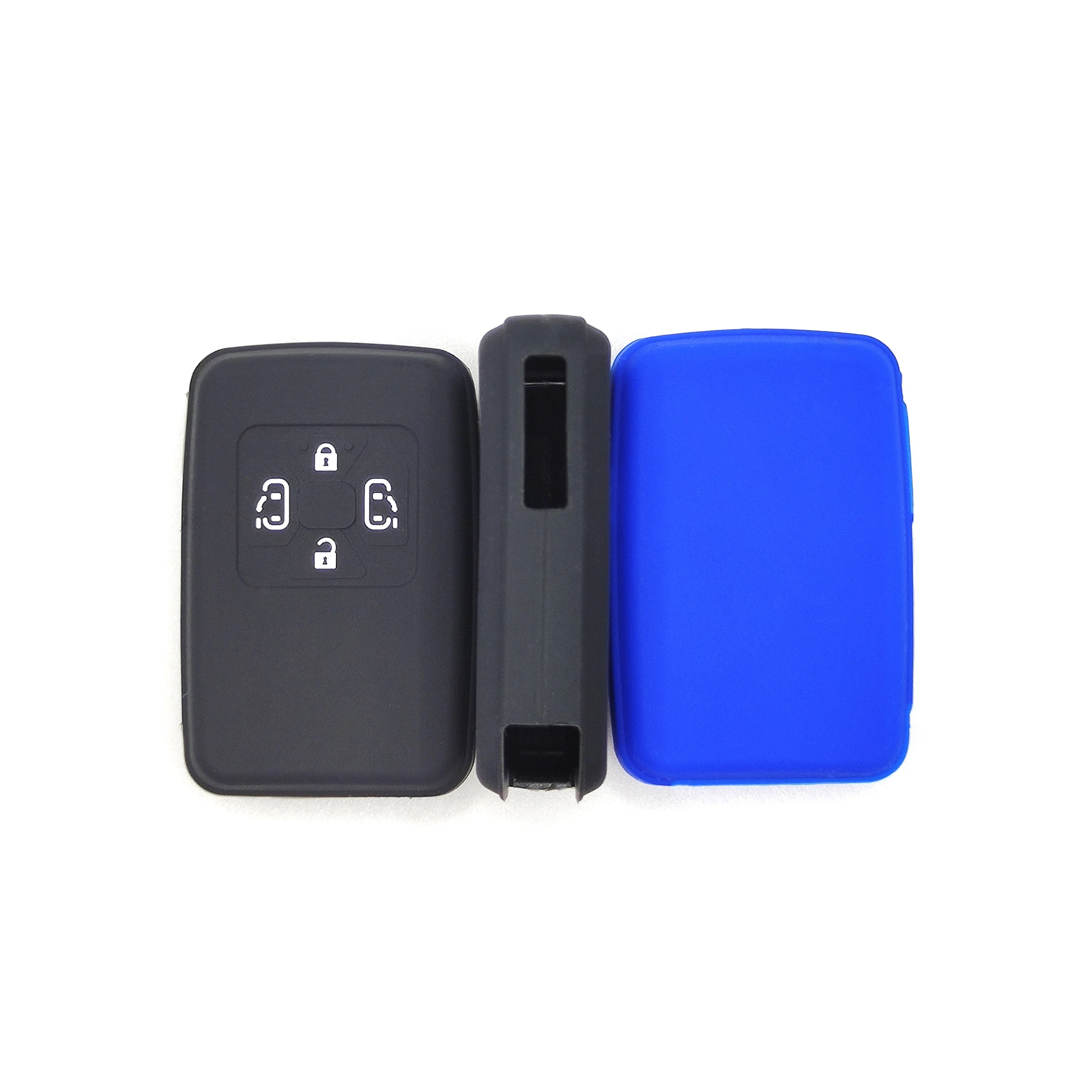 4 أزرار غطاء مفتاح سيليكون كلاسيكي (FT901) — FT901 black and blue classic silicone automotive key cover in front, back and side relationship view, showing 4 visible button zones and a elongated rectangular multi-button smart-key profile.