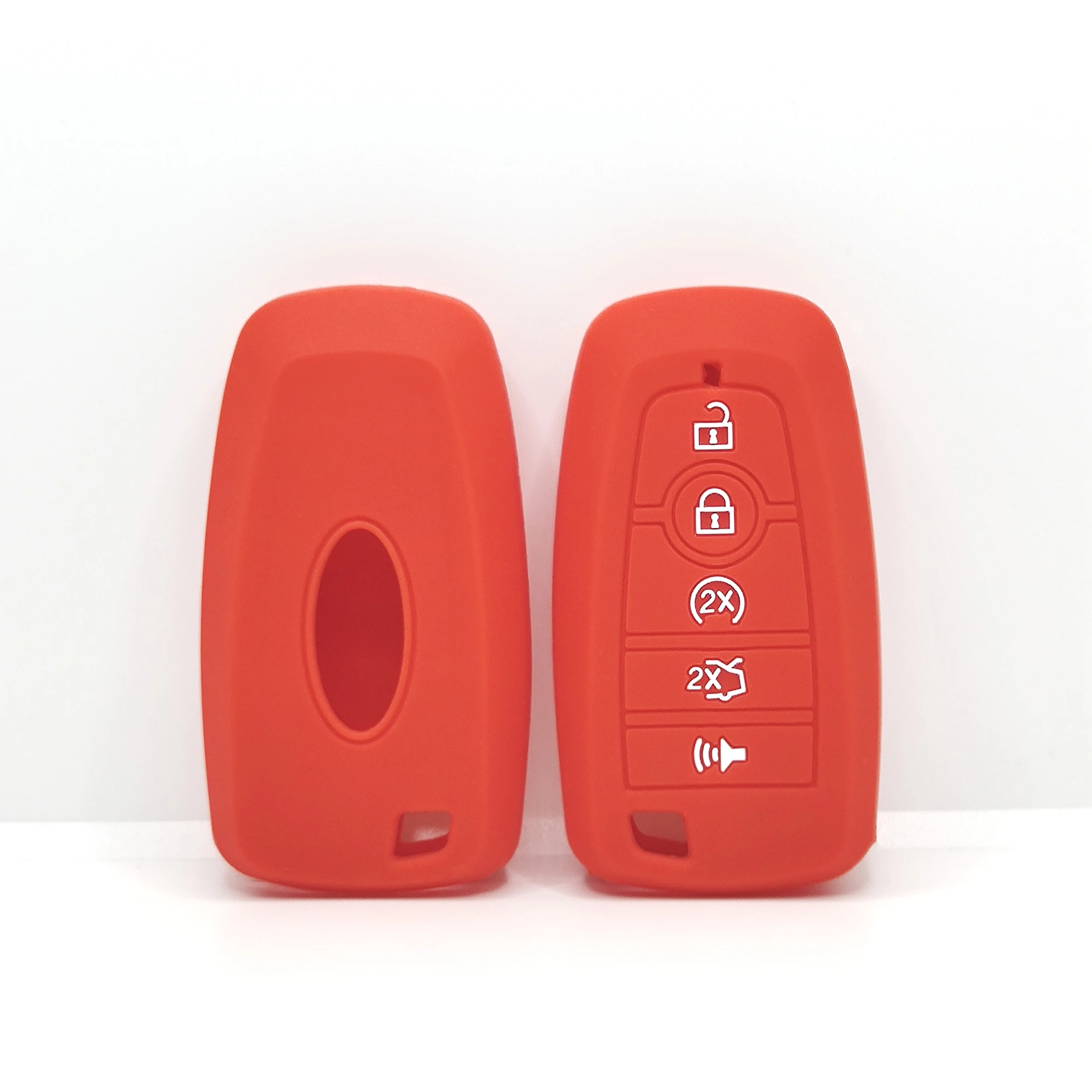 5 Tasten klassische Silikon-Schlüsselhülle (N-FD203) — N-FD203 red Classic Silicone automotive key cover, front and back paired view, showing 5 visible button zones and the complete rounded rectangular smart-key cover with oval rear opening.