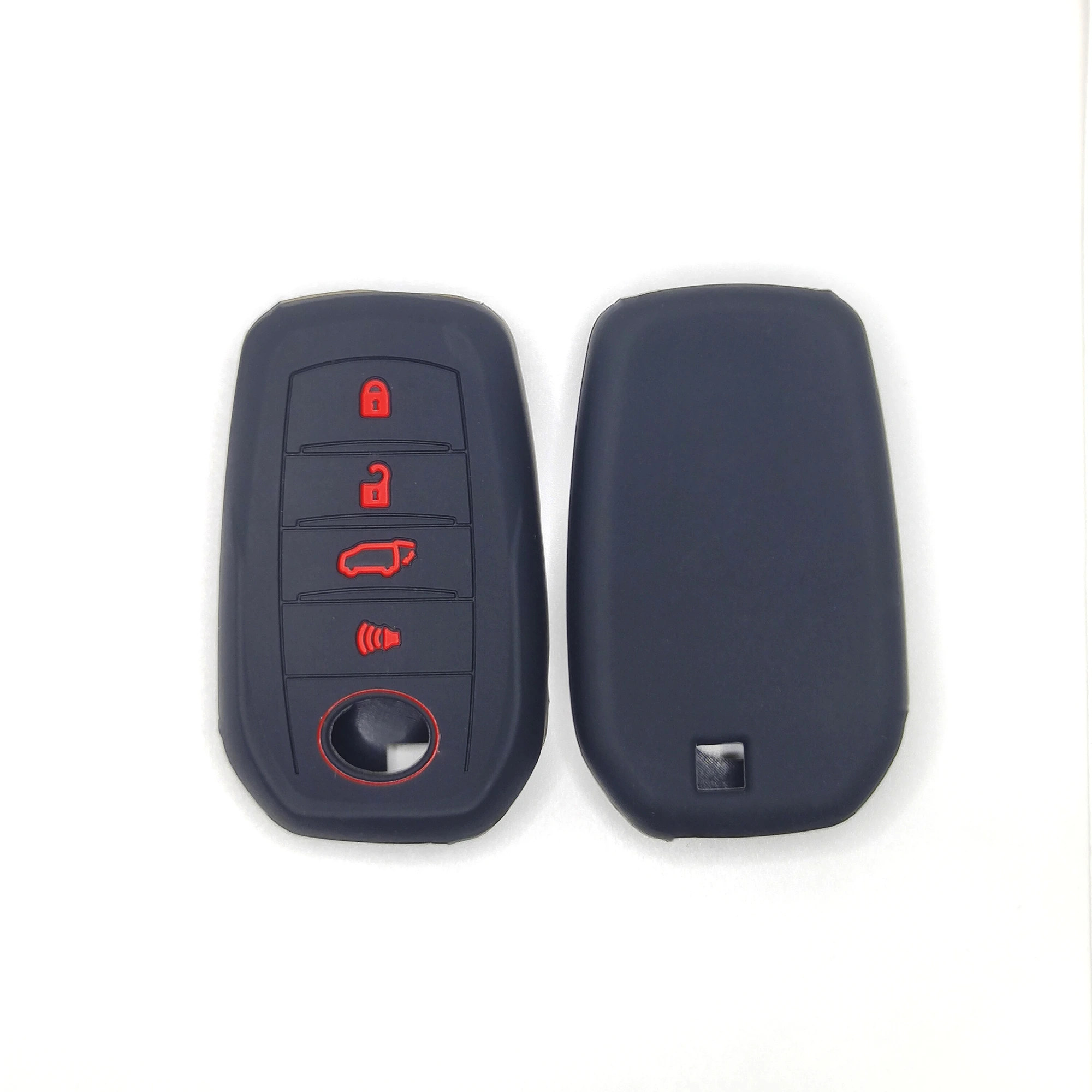 4 Tasten klassische Silikon-Schlüsselhülle (N-FT603) — N-FT603 black Classic Silicone automotive key cover, front and back paired view, showing 4 visible button zones and the complete rounded rectangular remote cover with large circular face opening.