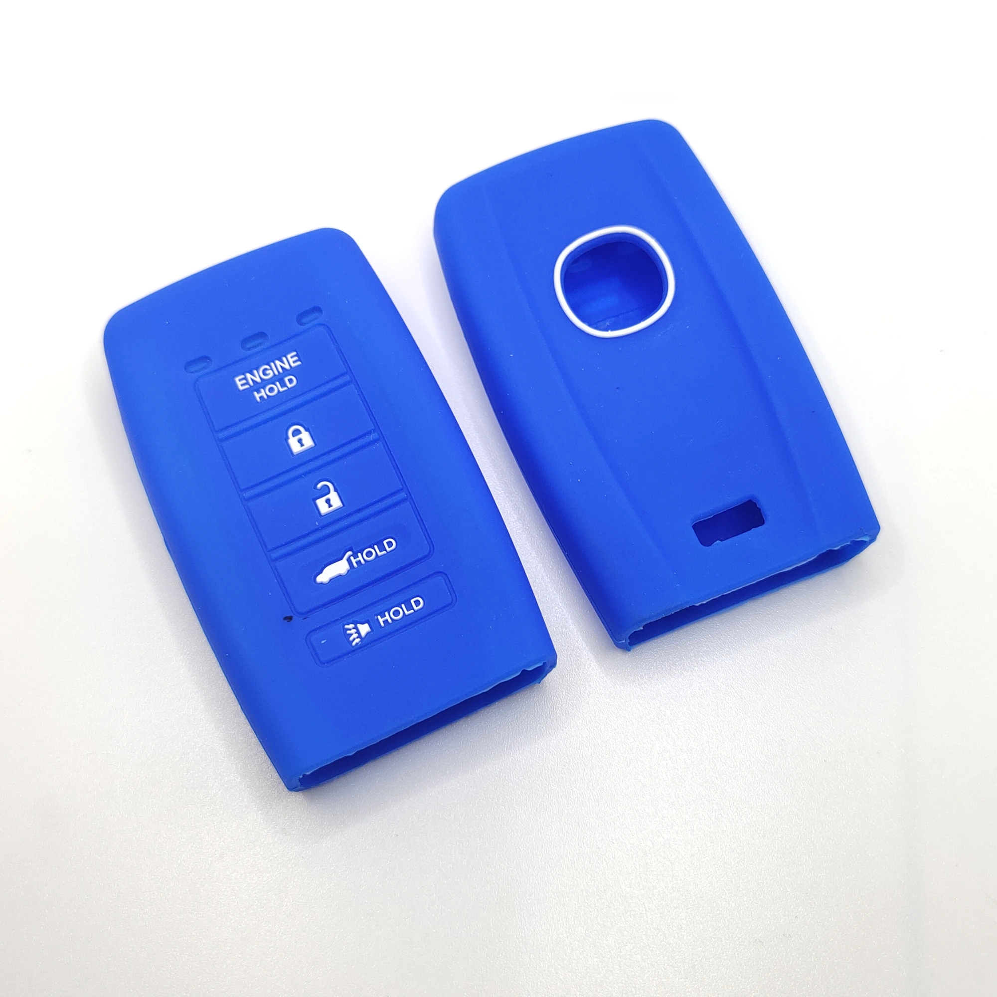 5 أزرار غطاء مفتاح سيليكون كلاسيكي (OG101) — OG101 blue classic silicone automotive key cover in front and back paired view, showing 5 visible button zones and a rectangular smart-key profile.