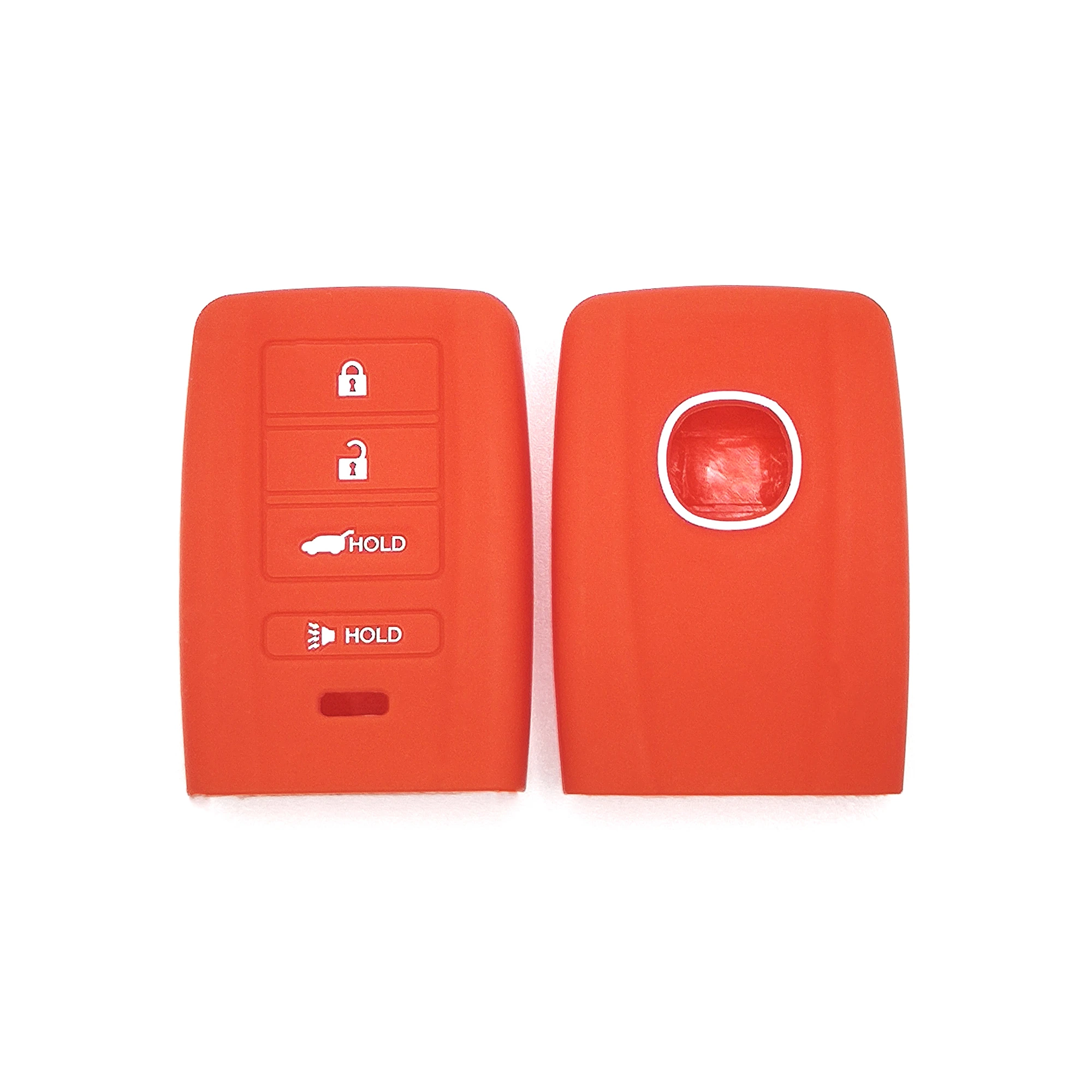 4 أزرار غطاء مفتاح سيليكون كلاسيكي (OG102) — OG102 red classic silicone automotive key cover in front and back paired view, showing 4 visible button zones and a rectangular smart-key profile.