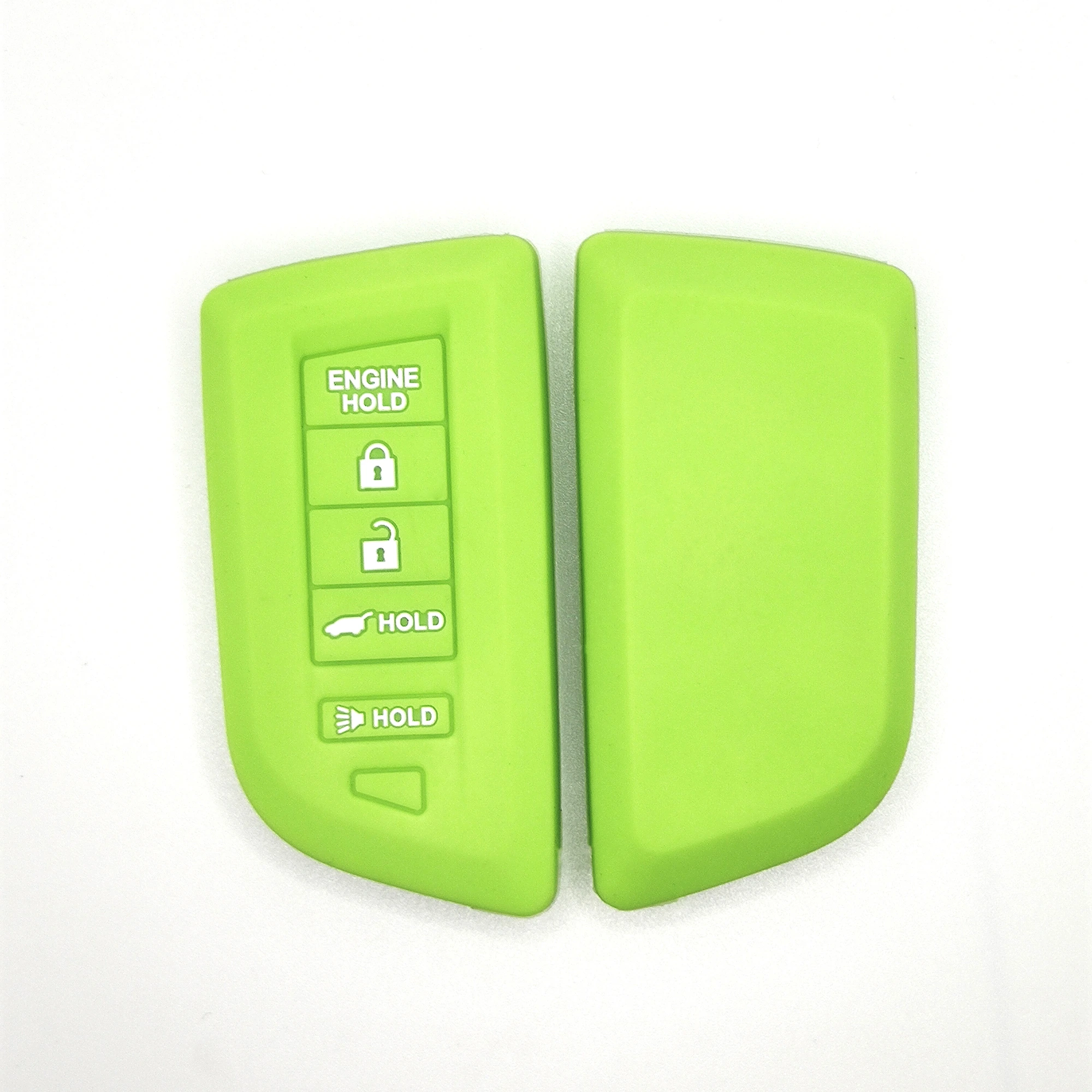 5 أزرار غطاء مفتاح سيليكون كلاسيكي (OG201) — OG201 lime green classic silicone automotive key cover in front and back paired view, showing 5 visible button zones and a rectangular smart-key profile.