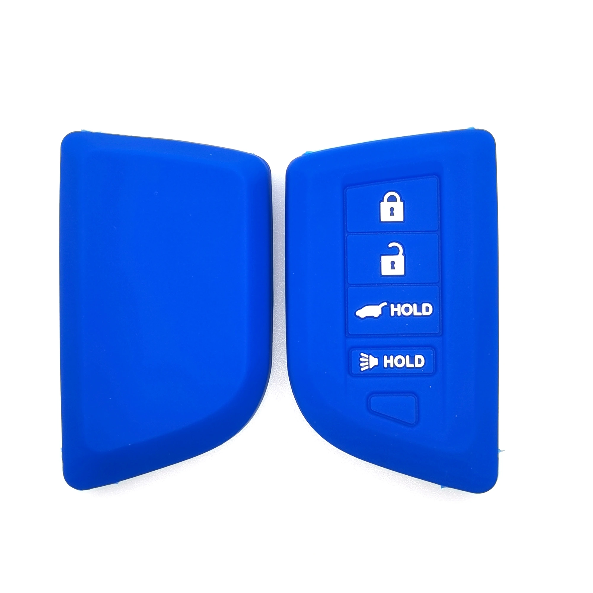 4 أزرار غطاء مفتاح سيليكون كلاسيكي (OG202) — OG202 blue classic silicone automotive key cover in front and back paired view, showing 4 visible button zones and a rectangular smart-key profile.