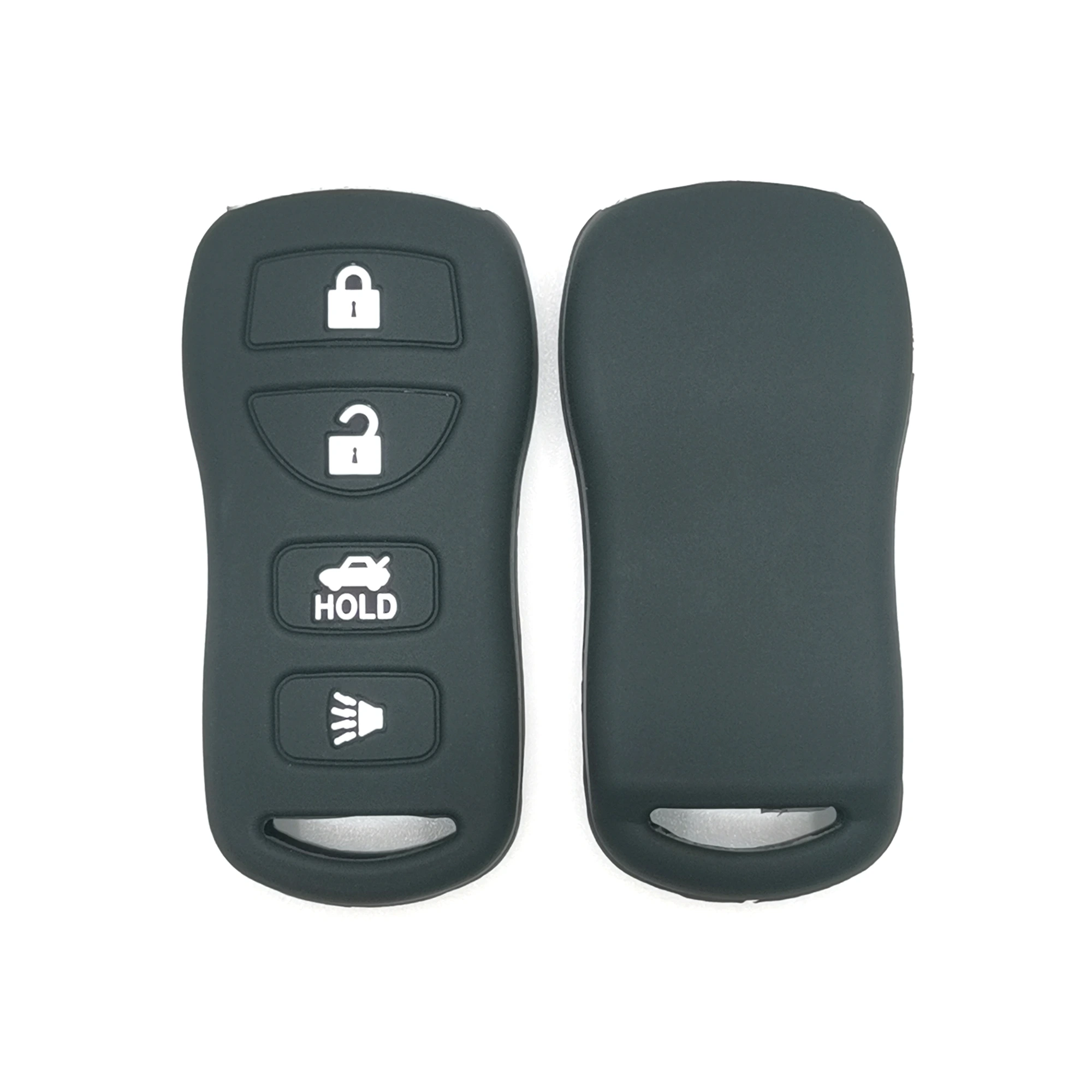 4 أزرار غطاء مفتاح سيليكون كلاسيكي (RC201) — RC201 dark green classic silicone automotive key cover in front and back paired view, showing 4 visible button zones and a elongated rounded rectangular remote profile.