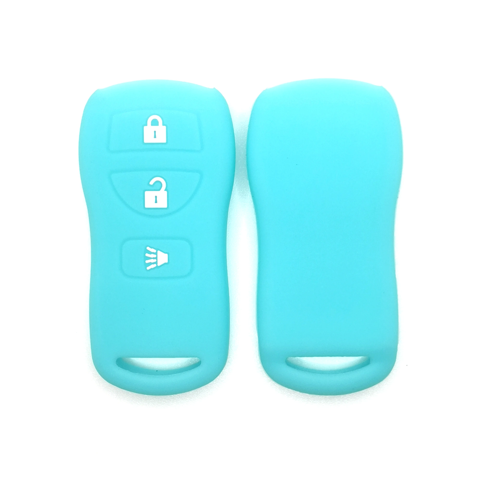 3 أزرار غطاء مفتاح سيليكون كلاسيكي (RC202) — RC202 cyan classic silicone automotive key cover in front and back paired view, showing 3 visible button zones and a elongated rounded rectangular remote profile.