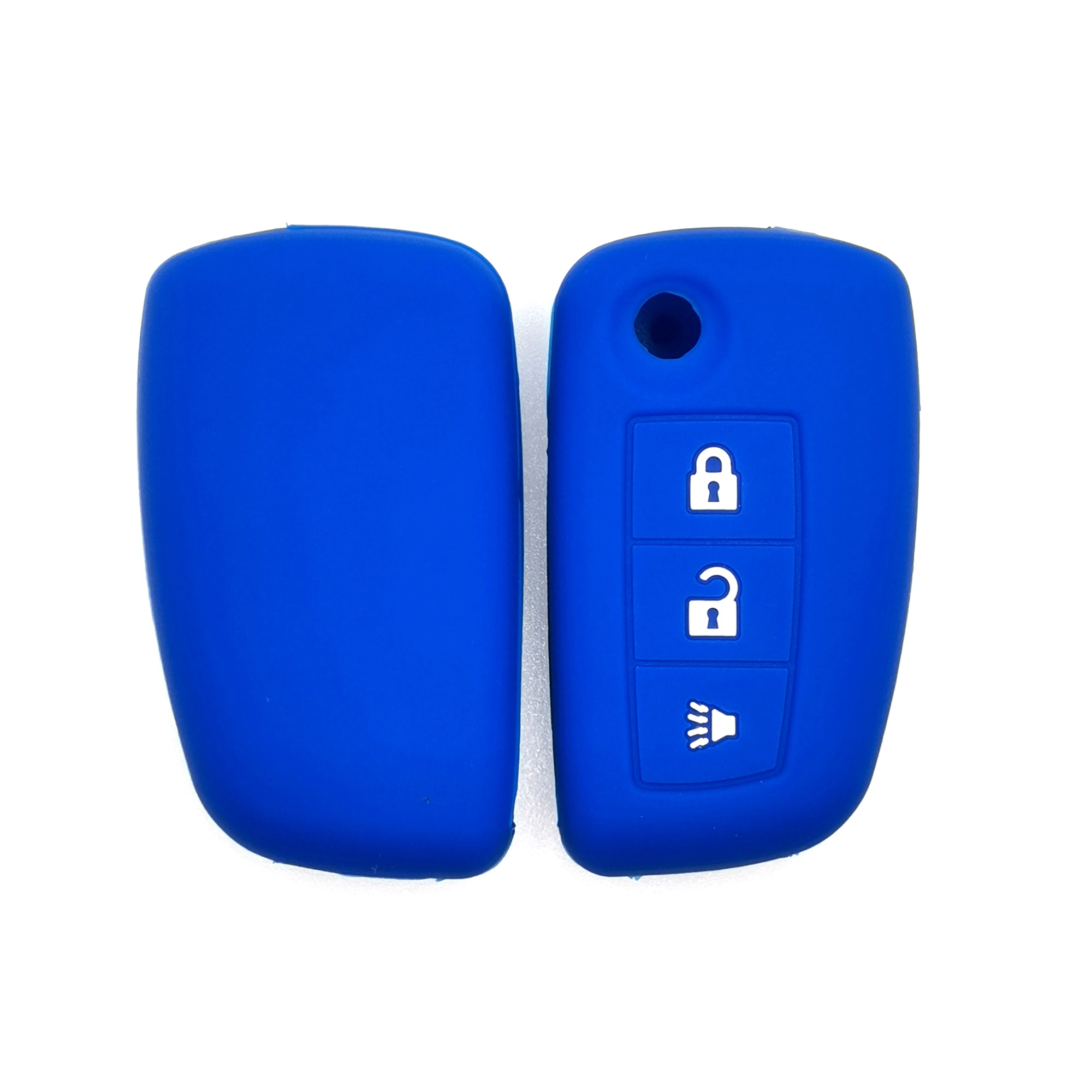 3 أزرار غطاء مفتاح سيليكون كلاسيكي (RC301) — RC301 blue classic silicone automotive key cover in front and back paired view, showing 3 visible button zones and a rounded rectangular smart-key profile.