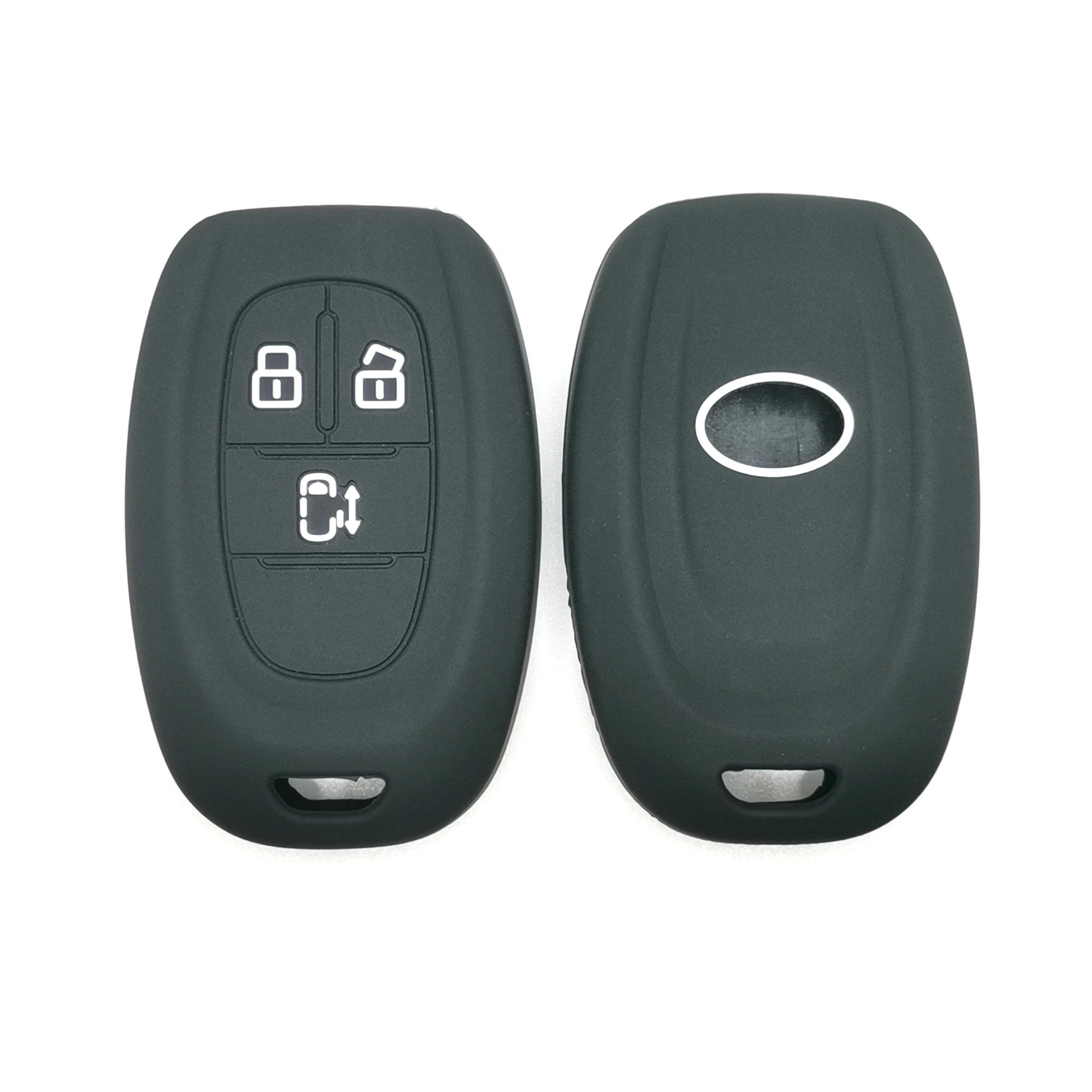 3 Tasten klassische Silikon-Schlüsselhülle (SQ101) — SQ101 dark green Classic Silicone automotive key cover, front and back paired view, showing 3 visible button zones and the complete rounded rectangular remote cover with oval rear opening.