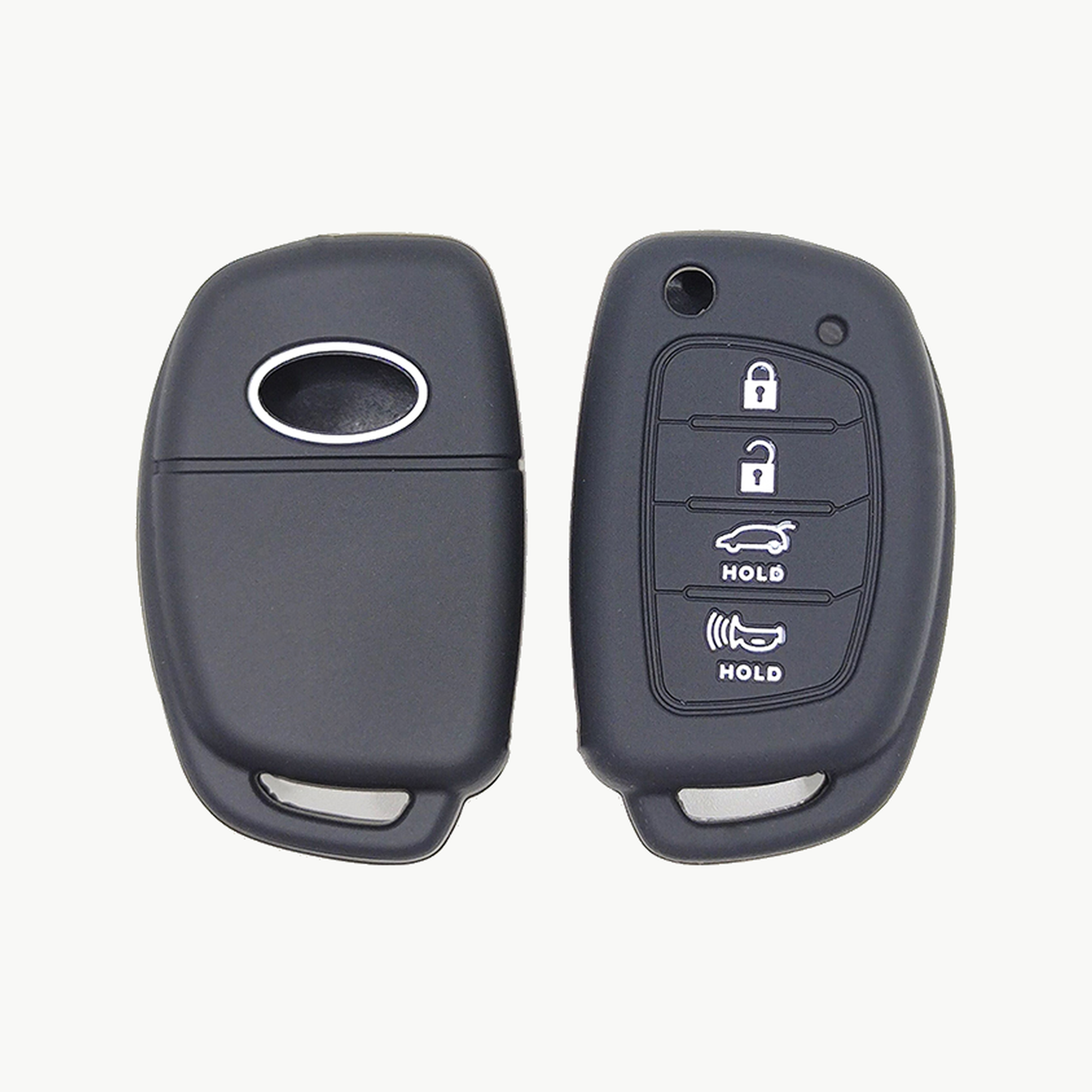 Hyundai 4 Tasten klassische Silikon-Schlüsselhülle (XD1402) — XD1402 black Classic Silicone automotive key cover, front and back source view, showing 4 visible button zones and the complete rounded rectangular remote cover with upper circular opening.