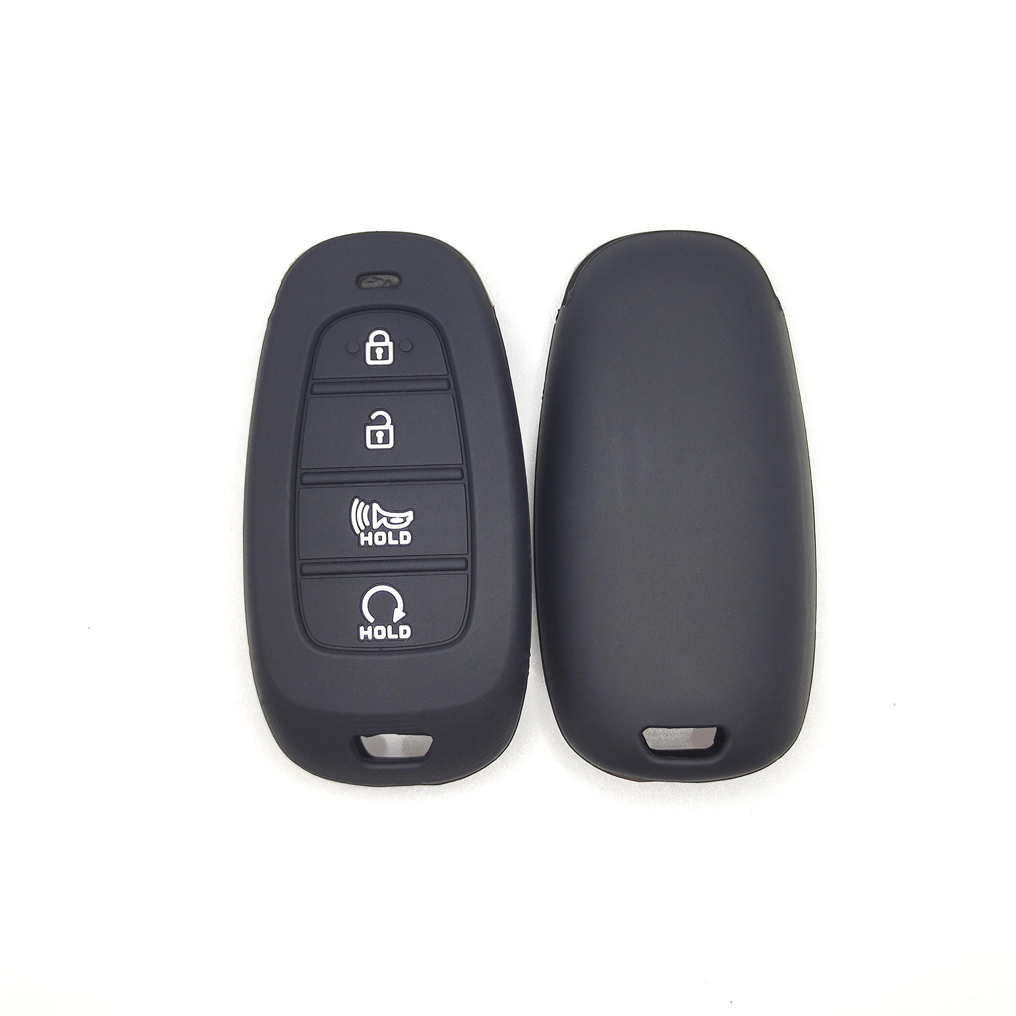 4 أزرار غطاء مفتاح سيليكون كلاسيكي (XD202) — XD202 black classic silicone automotive key cover in front and back paired view, showing 4 visible button zones and a elongated rounded rectangular remote profile.