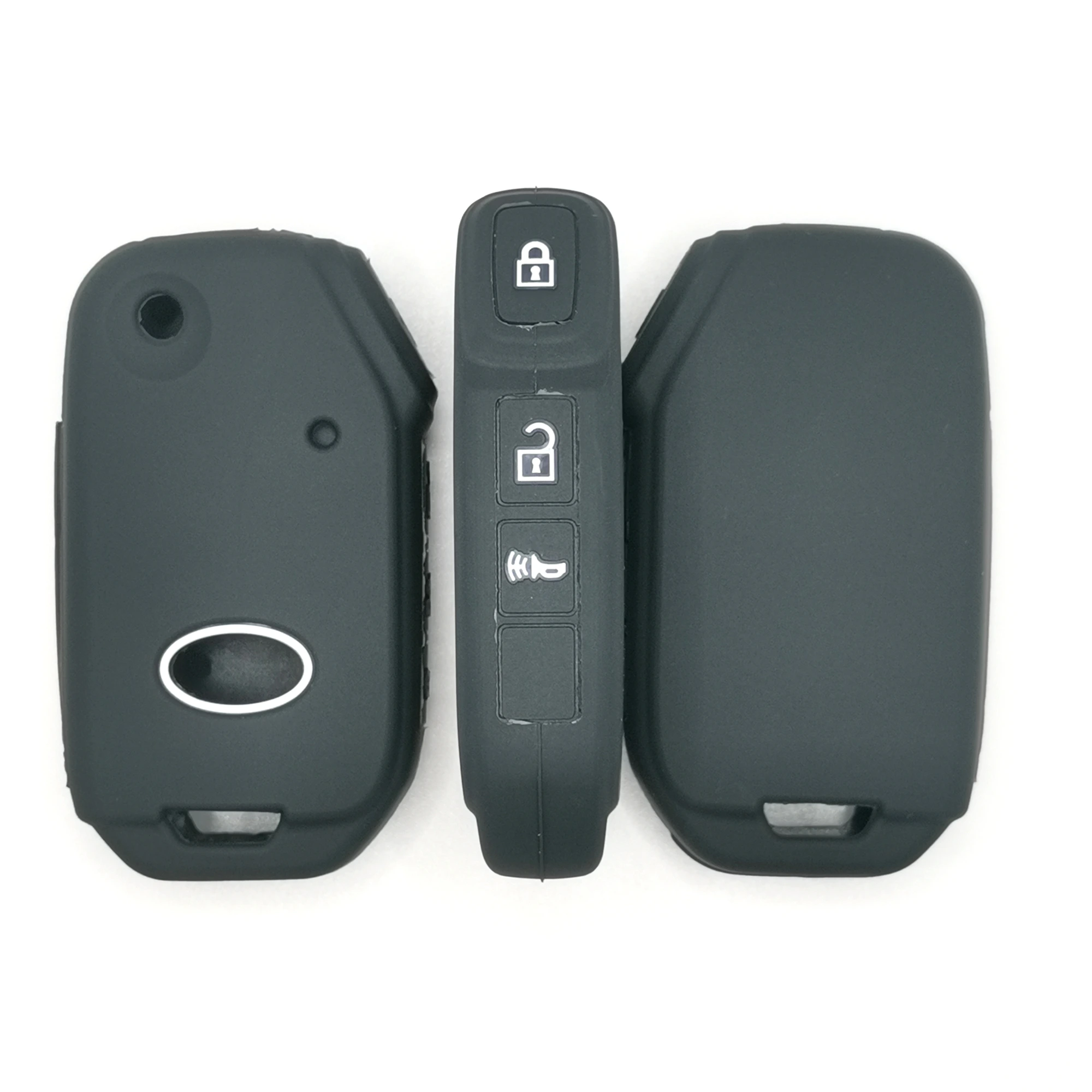 3 Tasten klassische Silikon-Schlüsselhülle (XD502) — XD502 dark green Classic Silicone automotive key cover, front, back and side control relationship view, showing 3 visible button zones and the complete angular proximity-key shell with oval rear opening.