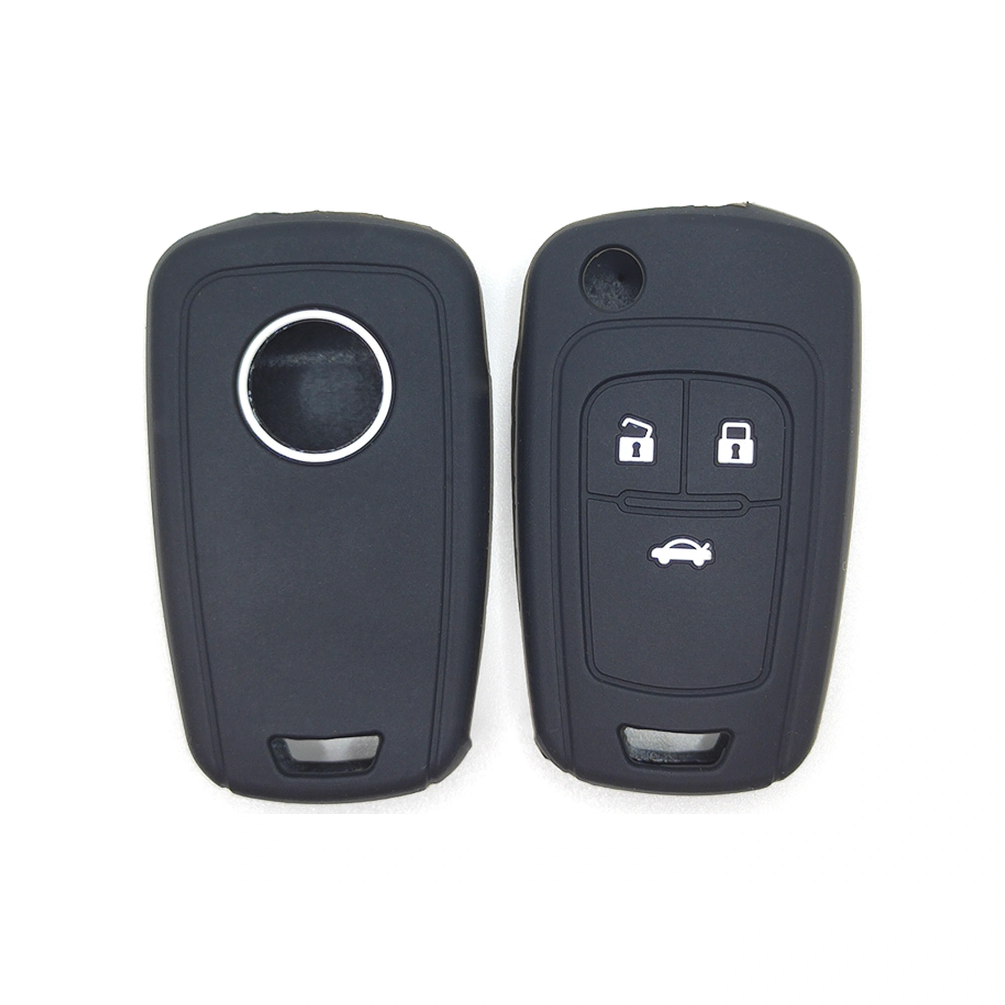 Chevrolet 3 Tasten klassische Silikon-Schlüsselhülle (XFL703) — XFL703 black Classic Silicone automotive key cover, front and back source view, showing 3 visible button zones and the complete rounded rectangular remote cover with rear circular opening.